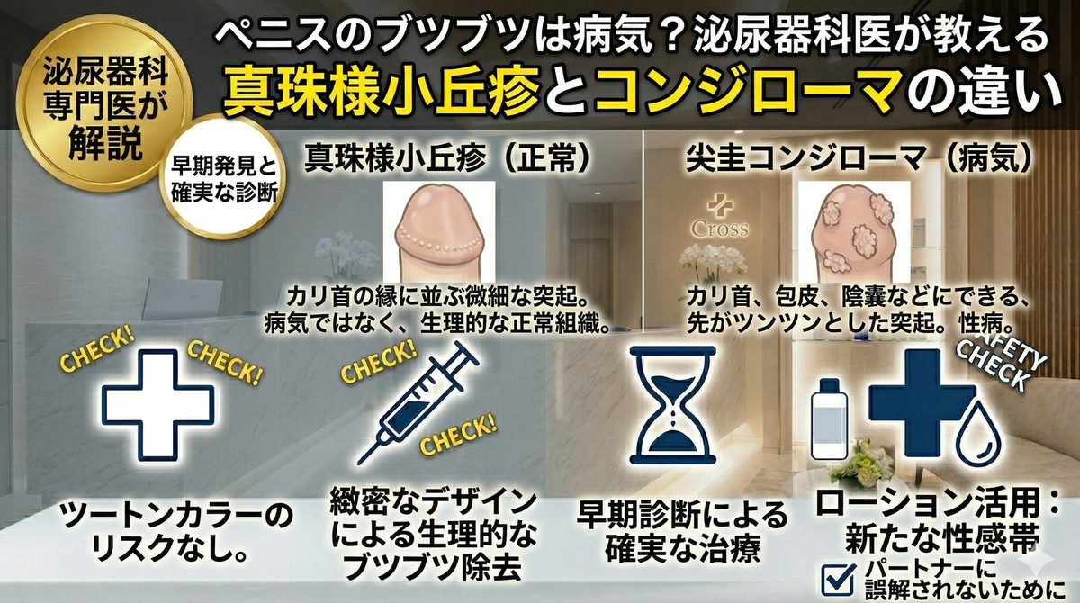 ペニスにブツブツ？真珠様小丘疹・フォアダイスと尖圭コンジローマの見分け方と治療【泌尿器科医監修】